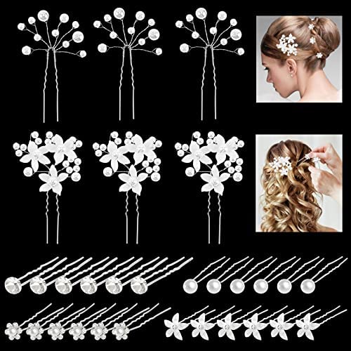 30pcs Épingles à Cheveux de Mariage, Accessoire Cheveux Mariage en Strass Perle, Pince Cheveux Mariage Fleurs en forme de U, Bijoux Cheveux Mariage pour Mariée/Femmes/Filles/Marriage Soirée