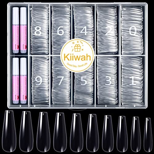 Kiiwah 500 Pièces Faux Ongles de Ballerine avec Colle, 10 Tailles Capsules Ongles Artificiels en Acrylique avec Boîte Rangement pour Femmes Filles ( Transparent )