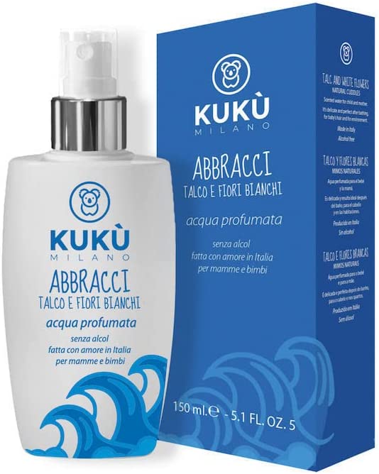 KUKÙ MILANO - Abbras - Eau parfumée 150 ml pour enfant et maman, sans alcool, fabriquée en Italie - Talc et fleurs blanches