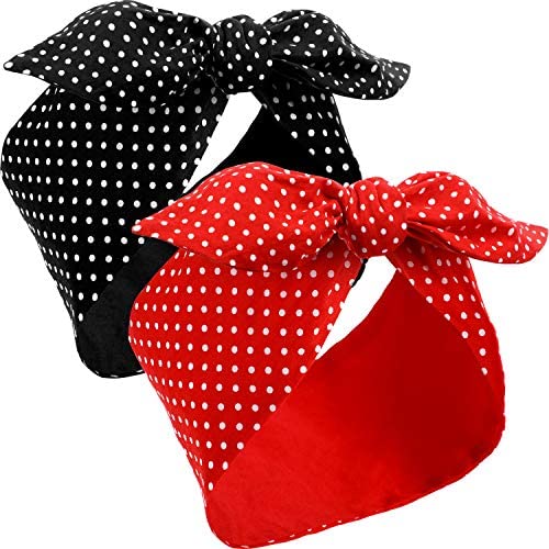 2 Foulards Rouges pour Femmes Écharpe de Tête Rétro des Années 1940 Bandeau Bandana d'Arc Noir Boho Bandeau d'Oreille de Lapin Vintage Accessoires de Cheveux de Filles (Motif à pois)