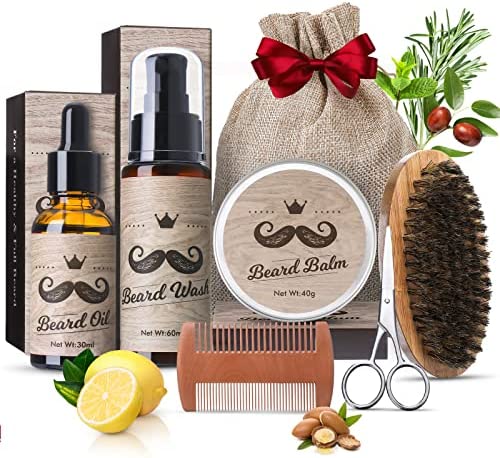 Kit Barbe Homme 9pcs-Coffret Cadeaux Hommes Original, Kit de Soin Barbe Homme Complet, Soins Entretien Barbe-Shampoing, Huile Barbe, Baume, Peigne, Ciseaux, Pochoir, Brosse,Sac -Cadeau Saint Valentin