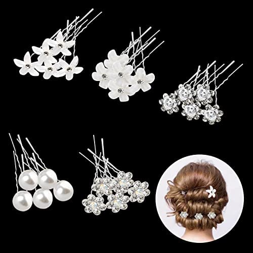 25pcs Épingles à Cheveux de Mariage, 5 Styles Perles Cheveux Mariage Bijoux Epingle à Cheveux en Cristal Fleur en Forme de U Fleurs Cheveux Accessoire Cheveux Mariage en Strass pour Marriage Soirée