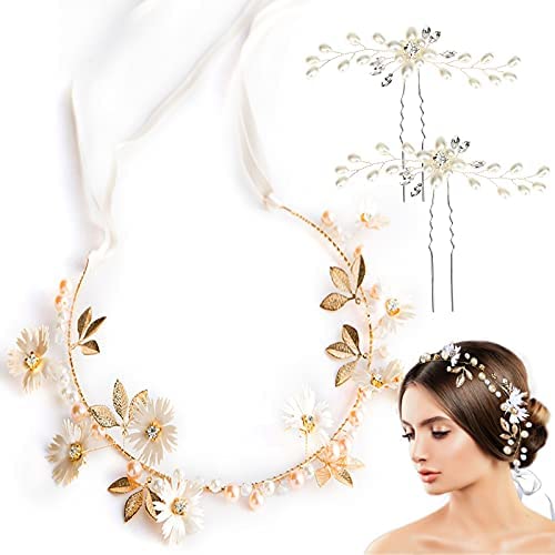 VEGCOO Bandeau Couronne de Fleurs Marguerite, Accessoire Cheveux Mariage pour Fille, Serre Tête Mariage et Pince Cheveux Mariage pour Femme, Bijoux Cheveux pour Mariage/Anniversaire/Soirée