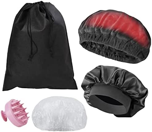 KIT bonnet chauffant cheveux soin, casque chauffant cheveux graines de lavande + bonnet satin cheveux nuit + brosse massage cuir chevelu + 3 charlottes cheveux jetables + pochette OFFERTS