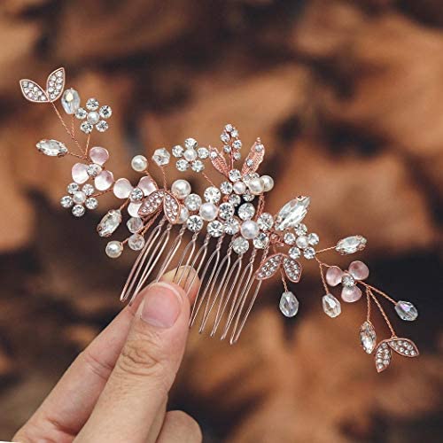 Mayelia Peigne à cheveux en cristal pour mariée - Or rose - Perles - Accessoires pour cheveux de mariée - Pour femmes et filles