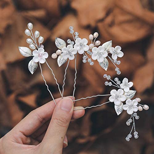 Mayelia Lot de 3 épingles à cheveux en forme de fleur avec perles argentées pour femme et fille