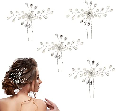 Flintronic 4pcs Épingles à Cheveux de Mariage, Épingles à Cheveux en Forme de Feuille en Cristaux en Perles pour Mariée, Mariée Casque Accessoire de Cheveux Forme de U en Strass pour Femmes et Filles