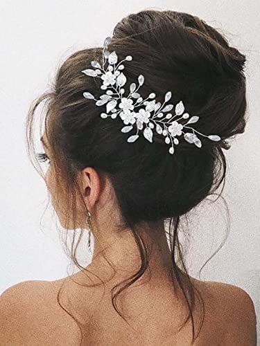 Vakkery Accessoire de cheveux en forme de fleur de vigne argentée avec perles en cristal pour femme et fille