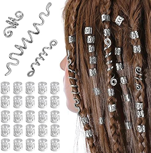 Bijoux Spirales Pour Cheveux Style Viking Poignets De Cheveux Réglables Barbe Cheveux Tube Perles Dreadlocks En Métal Perles De Cheveux Vikings Spiral Coils Pour Hommes Femmes -28pcs (Argent)