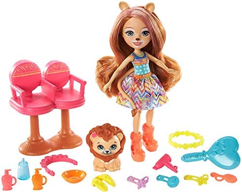 Enchantimals Savane Ensoleillée coffret Salon de Coiffure avec mini-poupée Lacey Lion, figurine animale Manesy et accessoires, jouet pour enfant, GTM29