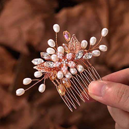 Mayelia Peigne à cheveux pour mariée avec perles en or rose et cristal - Accessoires pour cheveux de mariée - Pince à cheveux pour femmes et filles