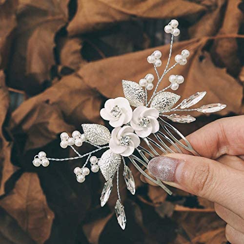 Edary Peignes à cheveux en forme de fleur pour mariée avec strass argentés et perles - Accessoires pour cheveux pour femmes et filles