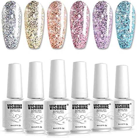 Vishine Lot 6 Couleurs Vernis Gel Semi Permanant UV Gel Ongles Jeu Tremper le Vernis Manucure Effet Diamant Paillettes 8ml