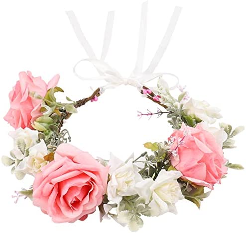 Czemo Bandeau De Fleurs,Wedding Floral Guirlande Couronne Demoiselle d'honneur Rose Floral Coiffure Réglable avec Ruban,Pour Anniversaire Fête Mariage Mariée Fille(Rose） (Rose)