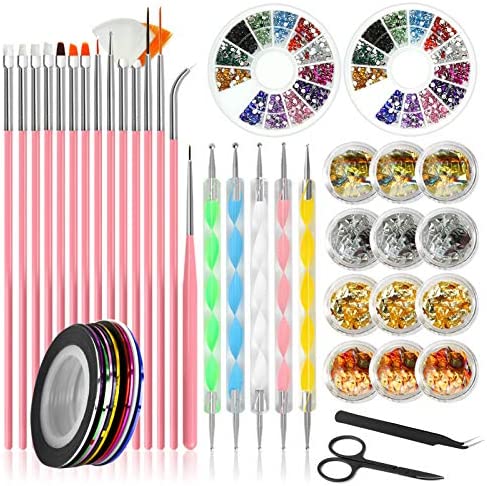 46pcs Kit de Nail Art Pinceau,Stylos à Ongles,Nail Art Pinceaux,Ruban Adhésif,Strass de Couleur pour Ongles,Kit d'Outils à Ongles,Paillettes Autocollants