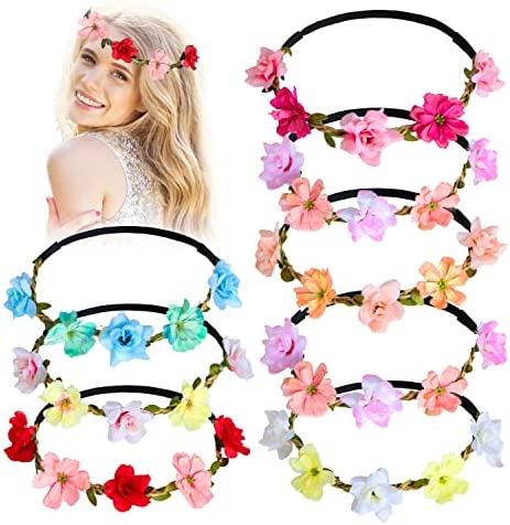 Couronne Fleur Cheveux 8 Pièces Bandeau Fleur Femme Fille Couronne de Fleurs Réglable Guirlande Serre Tete Bandeau Bohême Floral Accessoire Cheveux Mariage pour Plage Festival Photographie Fête