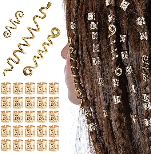 Bijoux Spirales Pour Cheveux Style Viking Poignets De Cheveux Réglables Barbe Cheveux Tube Perles Dreadlocks En Métal Perles De Cheveux Vikings Spiral Coils Pour Hommes Femmes -28pcs (Or)