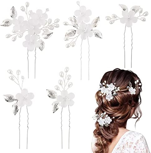 5pcs Mariée Mariage Fleur Épingles à Cheveux Argenté Pince à Cheveux Cristal Strass Feuille Perle forme U Bandeau Strass Accessoires Coiffures de Cheveux pour Femmes et Filles