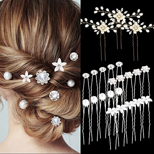 23pcs épingles à cheveux de mariage, pinces à cheveux strass perle de mariée, accessoires de cheveux en cristal de fleur en forme de U épingle à cheveux diamant pour demoiselle d'honneur femmes fille