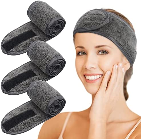 KinHwa Bandeau Cheveux Lavable Microfibre Bandeaux Band Wrap avec Magic Tape pour Maquillage, Maquiller Soins du Visage, le Bain, Spa,Sport 8.5cmx65cm 3Pack Gris foncé