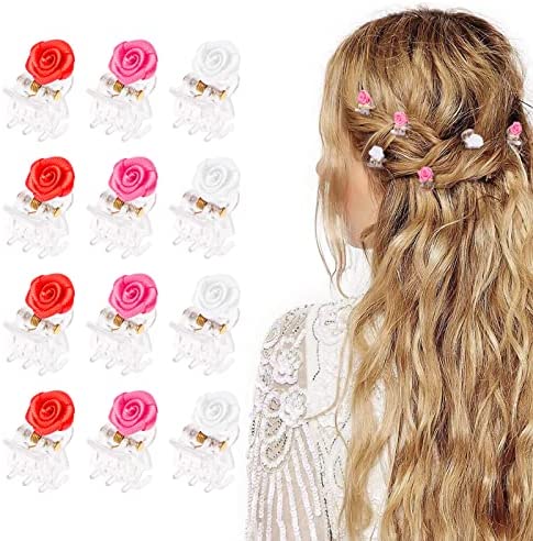 12 Pièces Mini Pinces à Cheveux de Rose, Fleur Barrette à Cheveux de Griffes avec Boîte pour Mariée, Femmes, Filles (3 Couleurs)