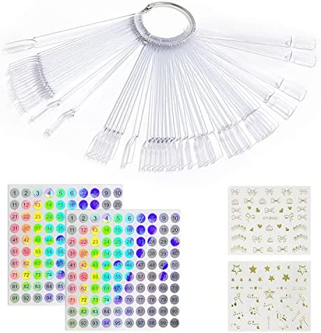 100 pièces de faux ongles clairs, affichage de vernis à ongles de ventilateur de faux ongles (100 pièces de faux bâtons d'ongles + 2 autocollants numérotés + 2 autocollants pour ongles)