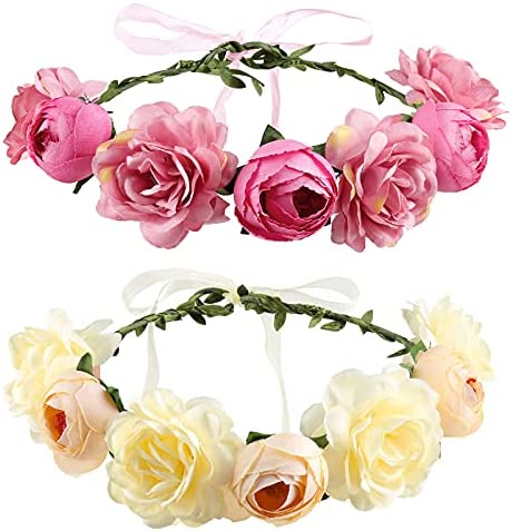 Wodasi 2Pcs Couronne de Fleurs Mariage, Fée Couronne Floral Bandeau Réglable avec Ruban, Couronne Fleur Cheveux Mariage, Floral Guirlande Couronne Bandeaux Filles Serre Tête