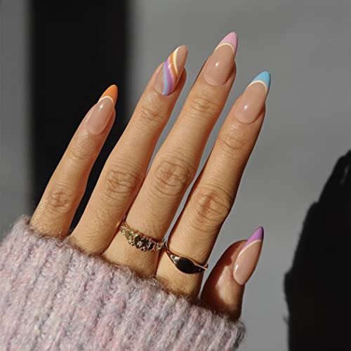 Sethexy Abstrait Stylet Faux Ongles Nu Rose Coller sur les ongles Ligne ondulée Faux ongles 24 pièces Acrylique De l'art Appuyez sur les pointes des ongles pour les femmes et les filles (Rose3)