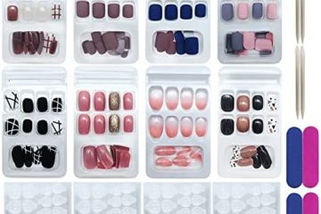 VEGCOO 192 Pcs Faux Ongles Court, 8 Modèles Nail Ongles Pleine Couverture Brillant Carré, DIY Accessoire de Manucure avec Limes à Ongles, Feuilles Colle de Gelée et Baton de bois pour Femme Fille