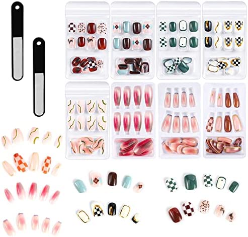 192 Pièces faux ongles avec colle, 4 Boîtes Ballerine Faux Ongles Capsules Americaine et 4 Boîtes Faux Ongles Court Couverture Complète avec 2 Limes à Ongle pour Décoration de Manucure Femme Fille