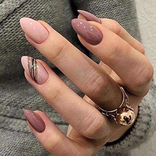Brishow Cercueil Faux ongles courts faux ongles paillettes d'or presse sur les ongles ballerine acrylique bâton sur les ongles 24pcs pour femmes et filles (a)