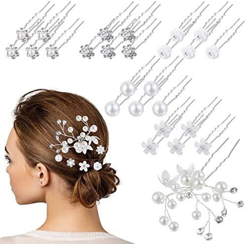 Xinzistar Épingle à Cheveux de Marriage, 26 Pcs épingles à Cheveux de Perles en Forme de U avec Fleur Cristal Diamant Pinces à Cheveux Accessoires de Mariée Demoiselle d'honneur Femmes Filles