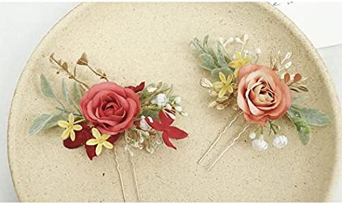 IYOU Fleur Feuilles Épingles à Cheveux Rouge Mariage Casque De Mariée Bal de Promo Épingles à Cheveux Accessoires pour Cheveux pour Femmes et Filles (2 Pièces),rouge + jaune,Taille Unique