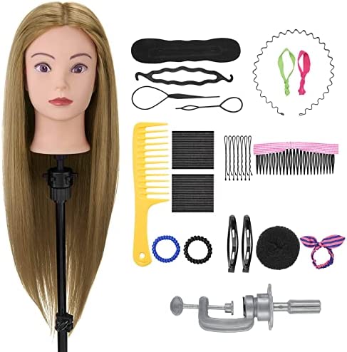 Tete a Coiffer,Neverland 28" Tête à Coiffer Coiffure Professionnel,60% de Cheveux Humains,Cosmétologie Mannequin Poupée pour le Salon avec Support+ Hairdressing Outils Accessoires Set（Blond）