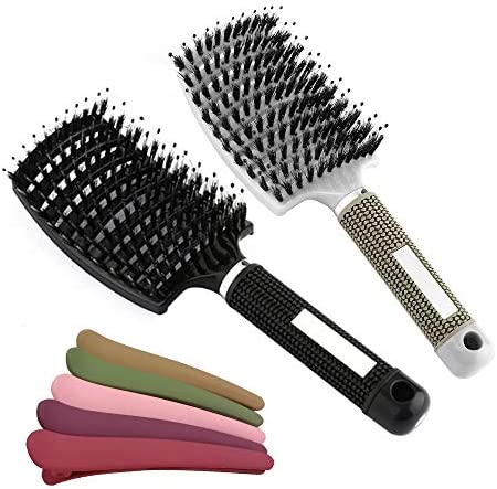 Brosse à cheveux poils de sanglier, OneChois brosses à cheveux à évent incurvé pour cheveux fins brosse à cheveux pour femmes hommes aide à la coiffure avec pince à cheveux 4 pièces (Ensemble complet)