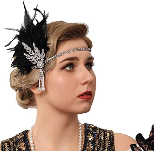 Generse Bandeau à rabat avec pampilles et plumes en cristal Gatsby le Magnifique accessoire pour cheveux pour femme (noir)