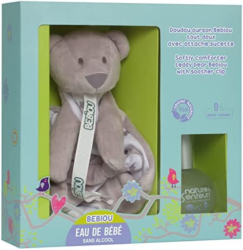 Nature & Senteurs Doudou Ourson Bebiou Tout Doux avec Attache Sucette + Eau de Bébé Sans Alcool 50 ml