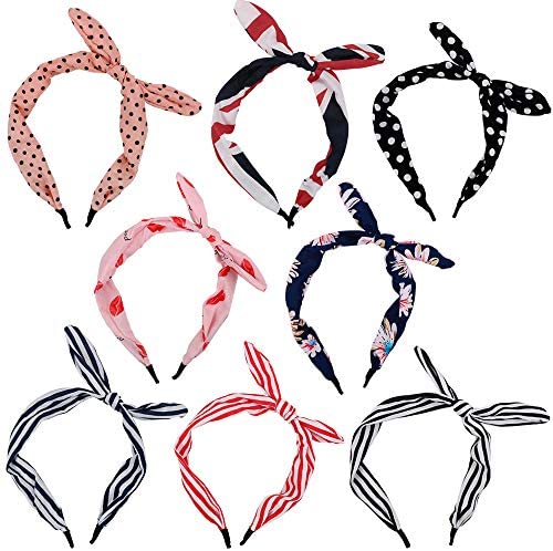8pcs Serre-têtes Femme Cheveux Oreilles de Lapin Bandeau Élastique à Nœud Papillon Fil en Tissu Headbands Bandeaux à Pois Accessoire de Coiffure Maquillage Décoration pour Filles Femmes 8Motifs