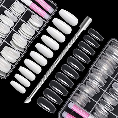 200 Pièces Faux Ongles Naturel et Transparent, Ongles Artificiels en Acrylique avec Repousseur de Cuticule et Colle pour Femmes Filles