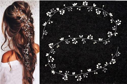 Bessy shop Cheveux Mariée Vines Cristaux Coiffes Mariage, 50cm Accessoires Cheveux Mariage Fleur Mariée Vigne Perles d'argent Strass Accessoires Cheveux Bandeau Femmes et Filles