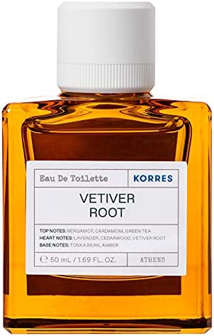 KORRES Eau de Toilette Vétiver pour Homme, 86% d'Origine Naturelle, Parfum Boisé Intense, Longue Tenue, Flacon Verre Ambré, Boisé, 50 ml, 1 Unité