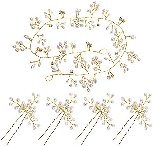 50cm Bijoux Cheveux Mariage Strass+4pcs Épingle Pince Accessoires Cheveux Perles Cristal Couronne Serre Tête Headband pour Femme Fille Demoiselle d’Honneur Fête Anniversaire (Doré)