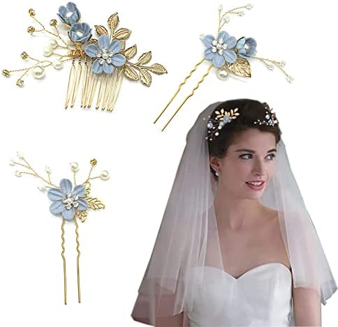 3 Pièces Mariée Peigne, Peigne à Cheveux de Mariage, Mariée Cheveux Peigne Ensemble, Mariée Peigne Mariage Élégant Bijoux de Tête, Femme Perle Bijoux Bijoux Cheveux Mariée （Bleu）