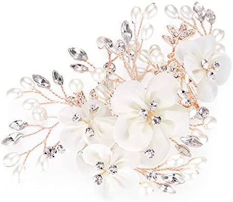 HONEY BEAR Peigne à cheveux pince à cheveux clip bijoux de mariée pour femme Mariage Accessoires de décoration, forme de fleur avec fausses perles et strass bijoux, Blanc (Or rose)