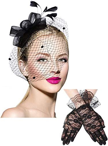 Chapeau de Bowknot Fascinant Bandeau en Maille de Voile de Plumes et Gants Courts en Dentelle Longueur de Poignet Gants de Dentelle Florale pour Accessoires de Vinaigrette des Années 1920