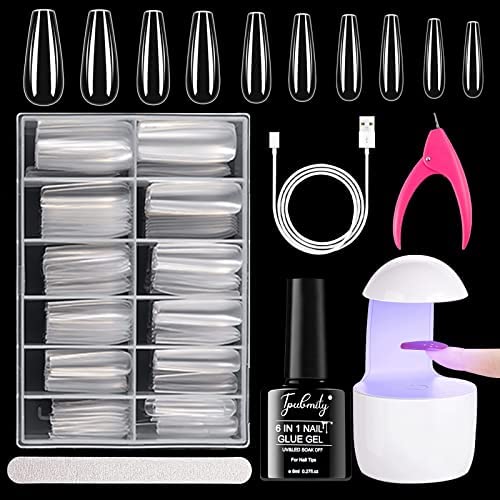 Nail Tips and Glue Gel Kit, 500 pcs Faux Ongles Capsules Transparents avec 6 en 1 Gel de Colle pour Ongles d'Extension et lampe LED pour L'extension D'ongles En Acrylique Nail Art DIY