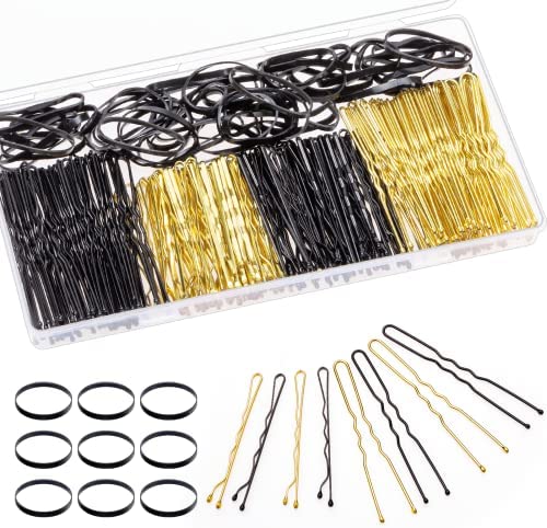 Kiiwah 300 Pièces Épingles à Cheveux et Petit Élastique Cheveux Silicone, Pince a Cheveux en Forme de U Noir & Or avec Boîte de Rangement pour Femme Chignon Mariage Coiffure