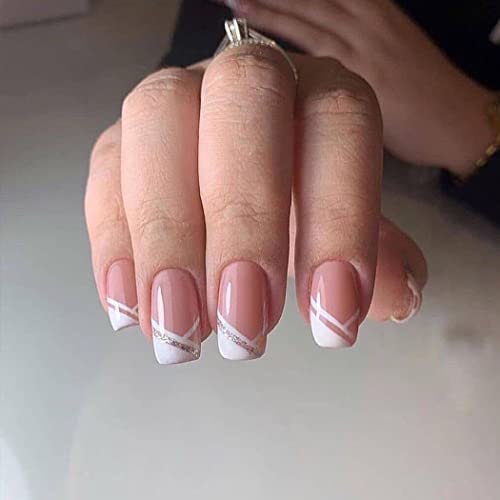 Vatocu Bellarina Lot de 24 faux ongles carrés blancs courts à presser avec paillettes roses pour femmes et filles