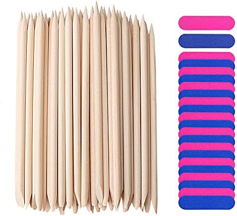 100 Pcs Kit de Bâton de Cuticule, 50 Pcs Bâton en Bois Ongles à Deux Extrémités et 50 Pcs Mini Lime à Ongles pour Manucure et Pédicure