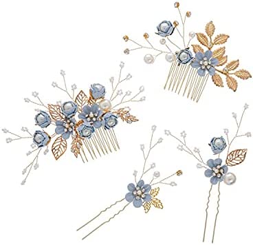 Jtkeji ​Peigne de Mariée Barrette,4pcs Peigne à Cheveux de Mariage Strass ,Clair Strass Peigne de Mariée Barrette,Casque Peigne Perle Accessoires De Cheveux De Mariée,(bleu)